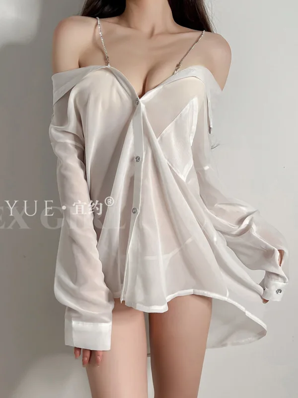 Sexy Thin Hanging Strap Diamond Chain Uniform Temptation Blouses Chiffon Mature Button Design Sense Breathable Loose Charm 1G6Y