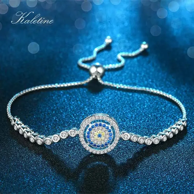 KALETINE Pure 925 Silver Bracelet Adjustable Beads Evil Eye Blue Cubic Zirconia Tennis Bracelets For Women Mens Jewelry KLTB015