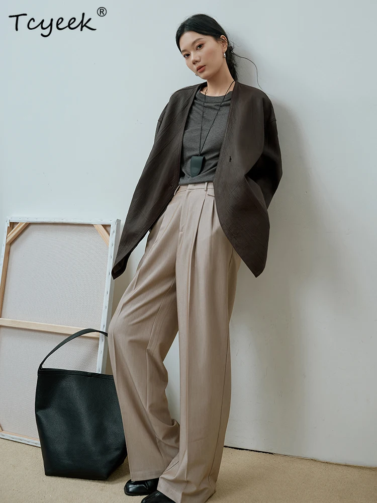 Tcyeek Prawdziwa Skóra Owcza Wiosna Jesień Elegancka Vintage Dekolt w Serek Brązowa Kawowa Damska Kurtka z Naturalnej Skóry Женская Кожаная Куртка