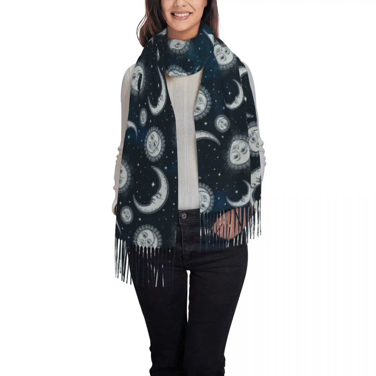 Celestial Mystic Esoteric Magic Sun Moon Scarf Tassel Scarves for Women Soft Warm Shawls and Wraps Large Fall Winter Shawl Wrap