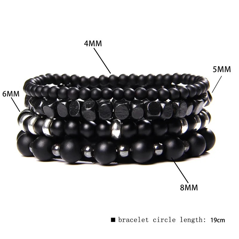 Männer Multilayer Stein Armband 4 Teile/satz Natürliche Schwarz Hämatit Vulkanischen Lava Stein Perle Elastische Armreif Vintage-Schmuck Geschenk – Detail 8