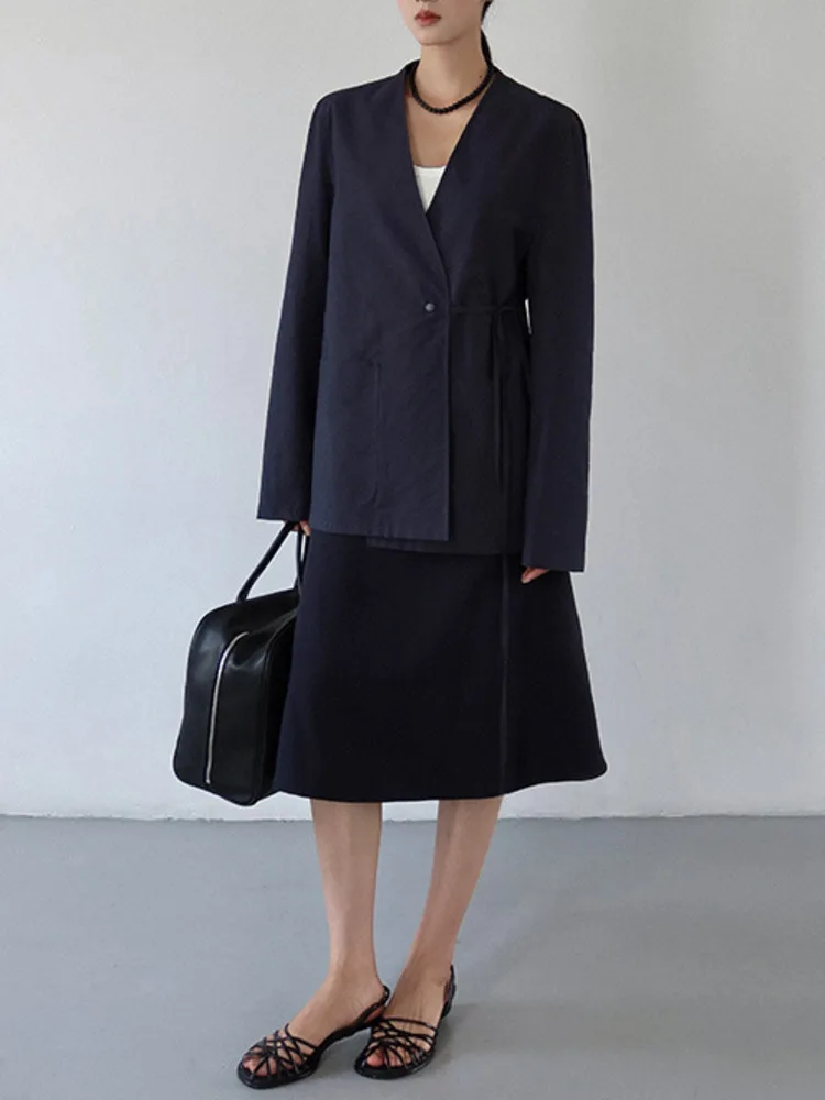 BJTZ Simple Vintage V-neck Lace-up Waist Summer Jacket For Women 2025 Loose Casual Versatile Female Clothing Tops