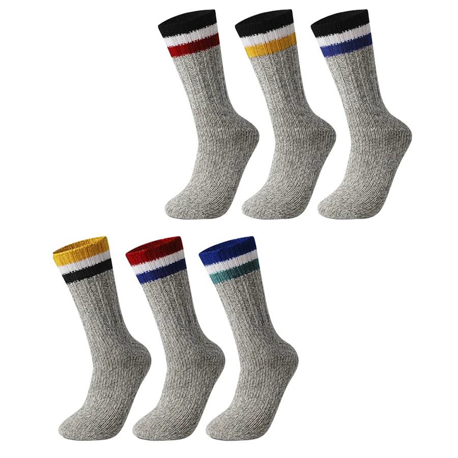 3 Pairs Merino Wool Men\'s Socks Autumn Winter Thicken Leg Warm Outdoor Sports Hiking Riding Fashion Striped Mid-calf Socks