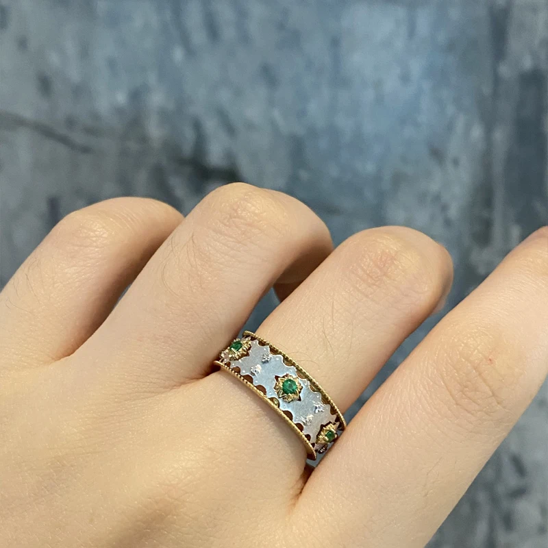 Aazuo Vintage Jewelry Set  18K Solid Yellow Gold Real Natural Emerald Diamonds Luxury Ring Gift For Women Wedding Party AU750