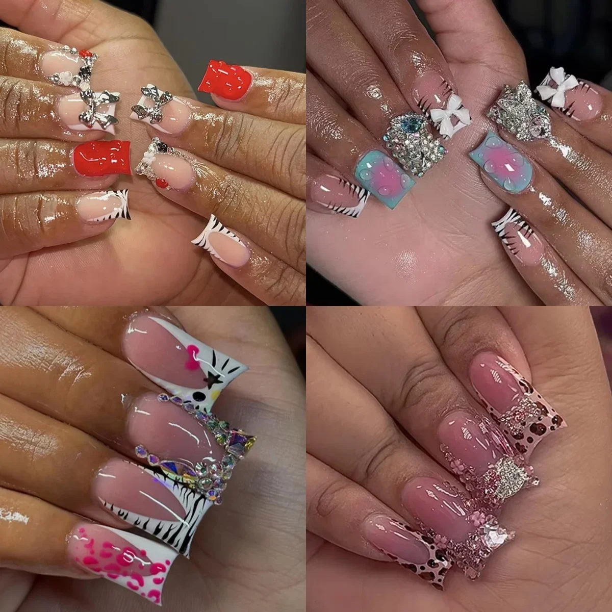 

Bowknot Rhinestone Star Pearl Leopard Zebra Stripes Square Fake Nails Art Halo Dyeing Ballet False Nails Press on Nails Manicure