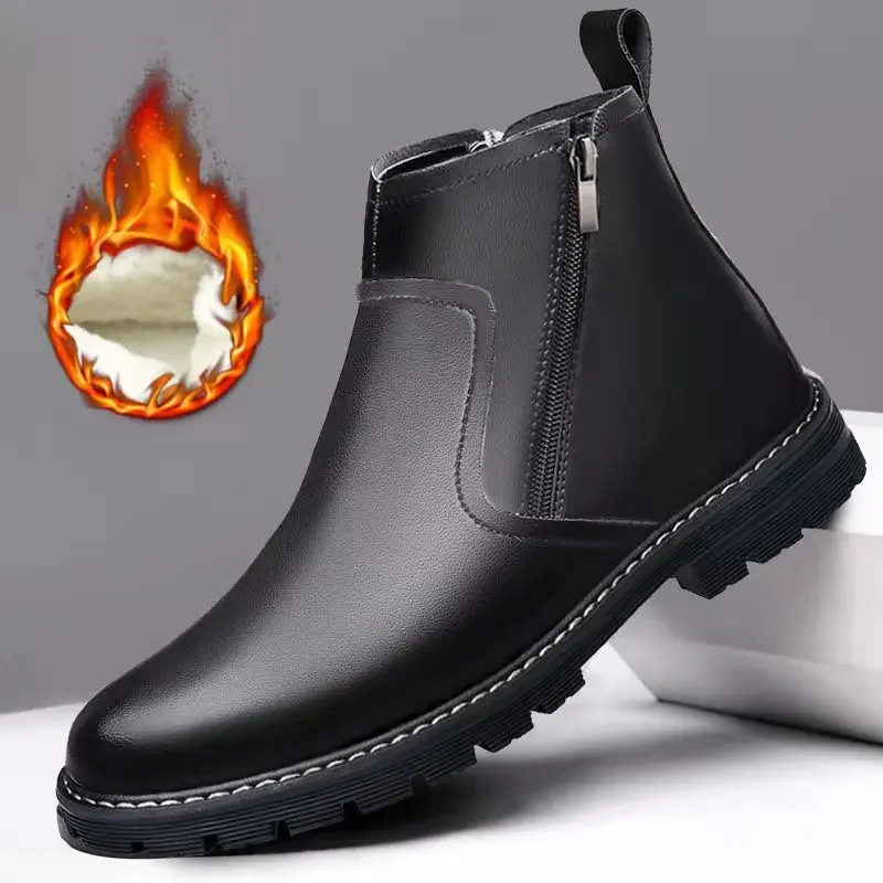 Autumn Winter Retro British Leather Boots Ankle Warm Brown Men's Business Shoes Casual High Top Shoes Short Boots Round Head