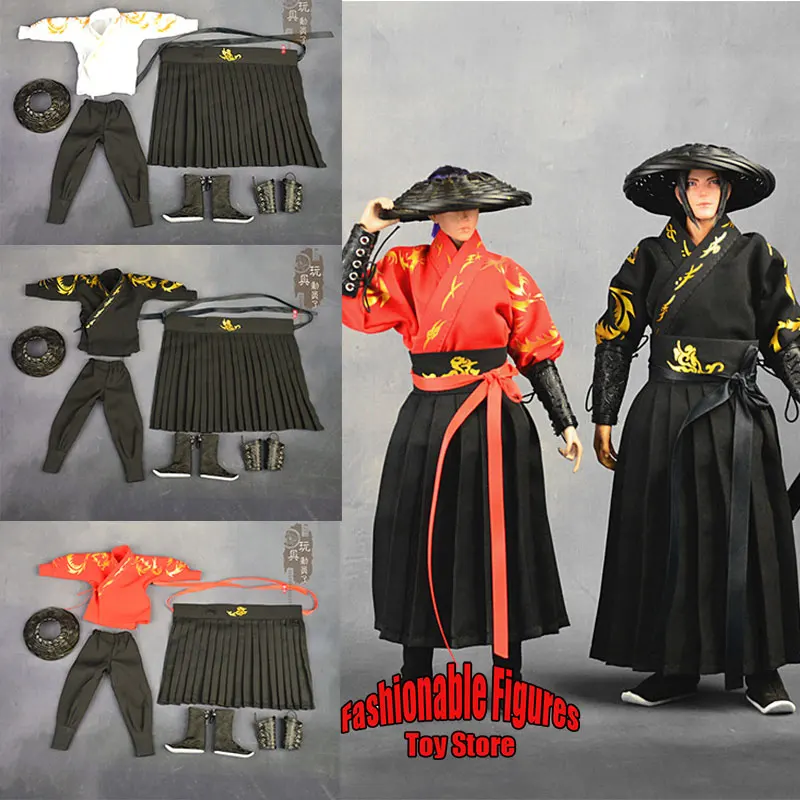 

1/6 Male Female Soldier Ancient Chinese Chivalrous Printed Skirt Long Tube Cloth Shoes Clothes Set For 12inches Action Figure