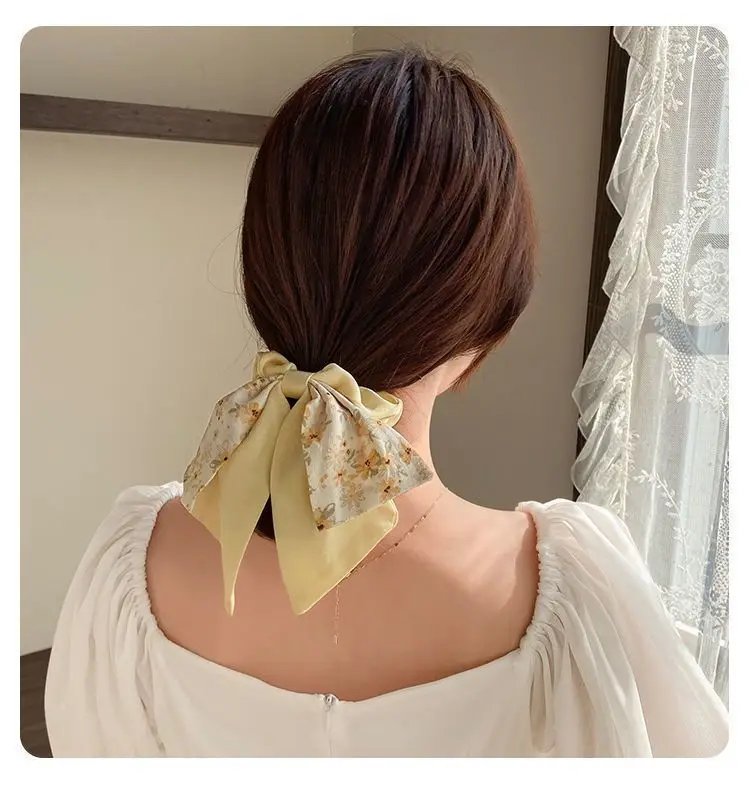 New Floral Print Satin Bow Hair tie Scrunchies Long Ribbon Ponytail Scarf women Girls Elastic hair Bands Hair accessories