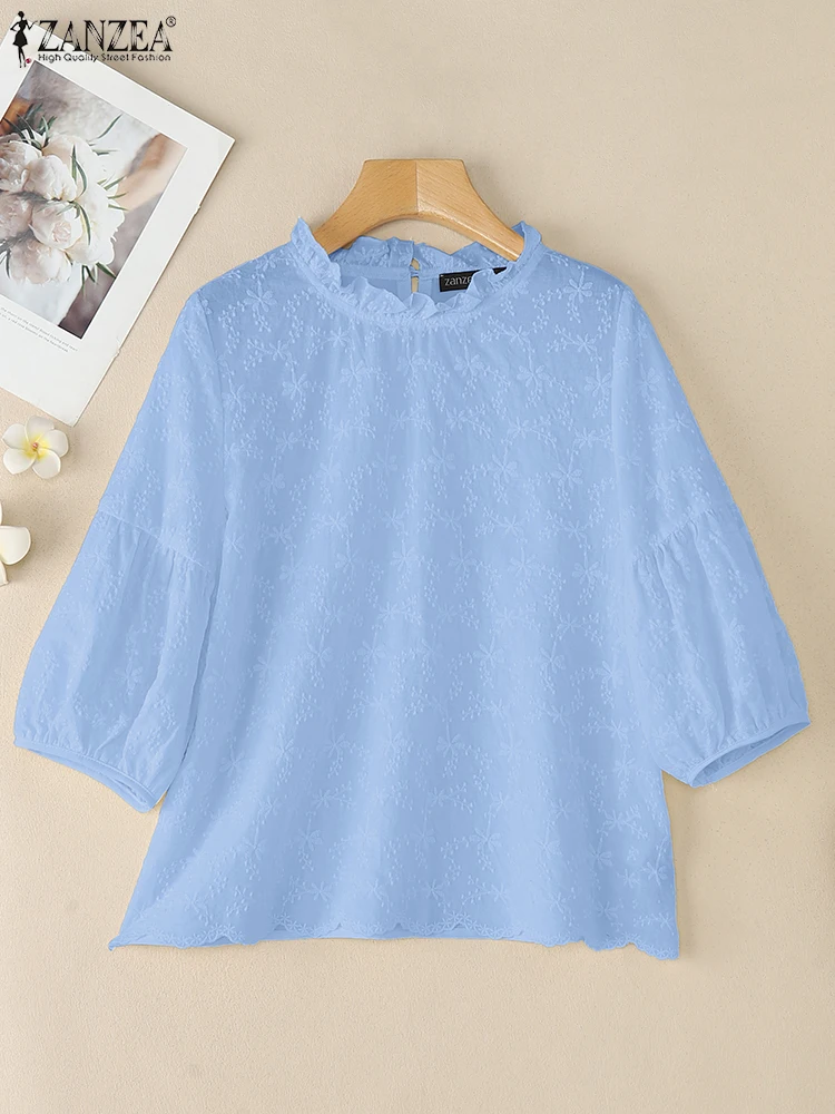 

ZANZEA Women Elegant Embroidered Floral Blouses Fashion Ruffled O-Neck 3/4 Lantern Sleeve Blusas Mujer 2025 Autumn Solid Tops
