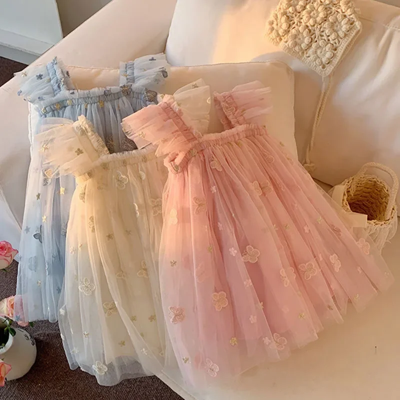 2025 New Summer 1-6Yrs Baby Girl Birthday Party Dress Flying Sleeve Cotton Mesh Splicing Kids Princess Dresses Sister Clothing
