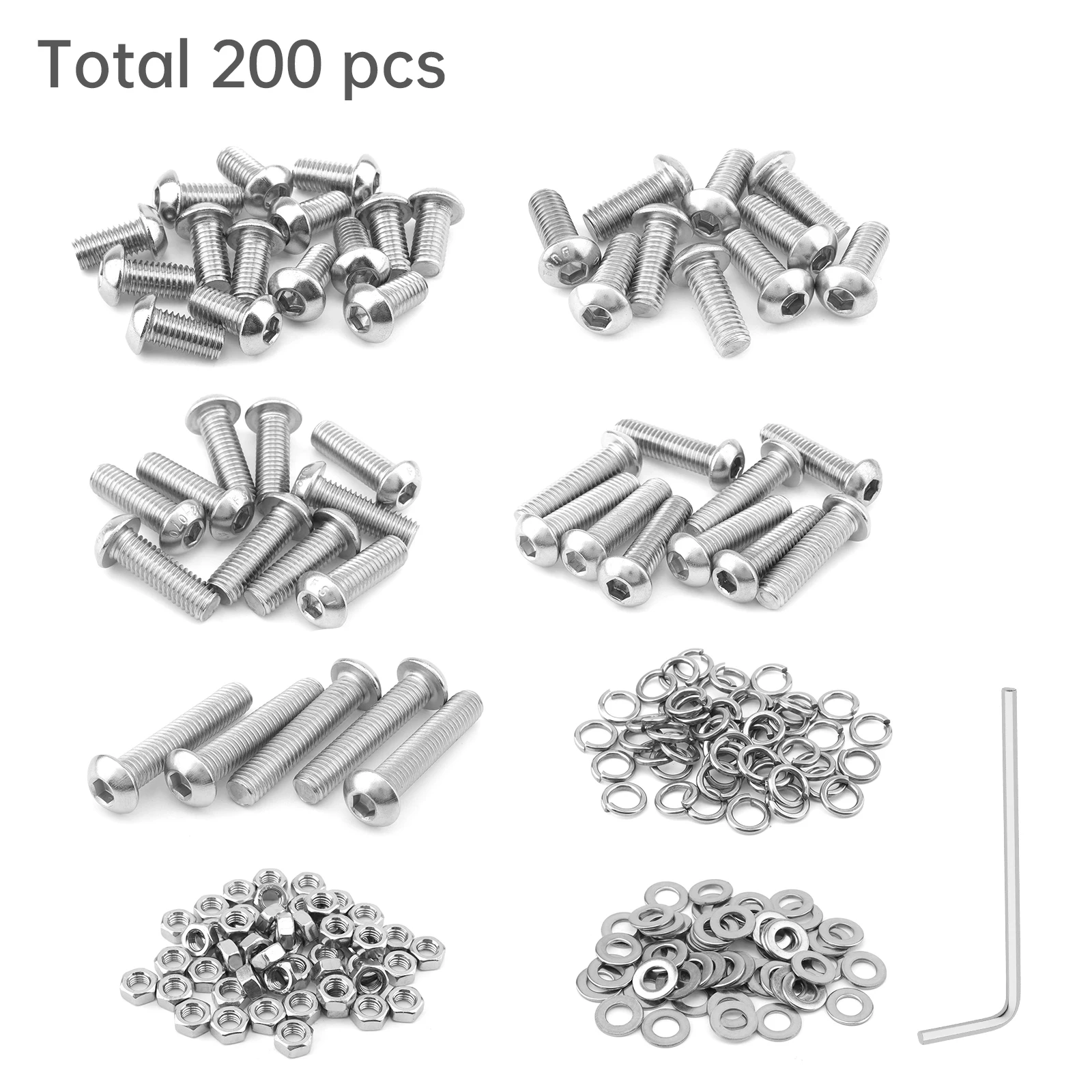 200 pcs Stainless Steel M8-1.25 x16/20/25/30/40 mm Button Head Socket Cap Screws Bolts Nuts and Flat Washers Assortment Kit