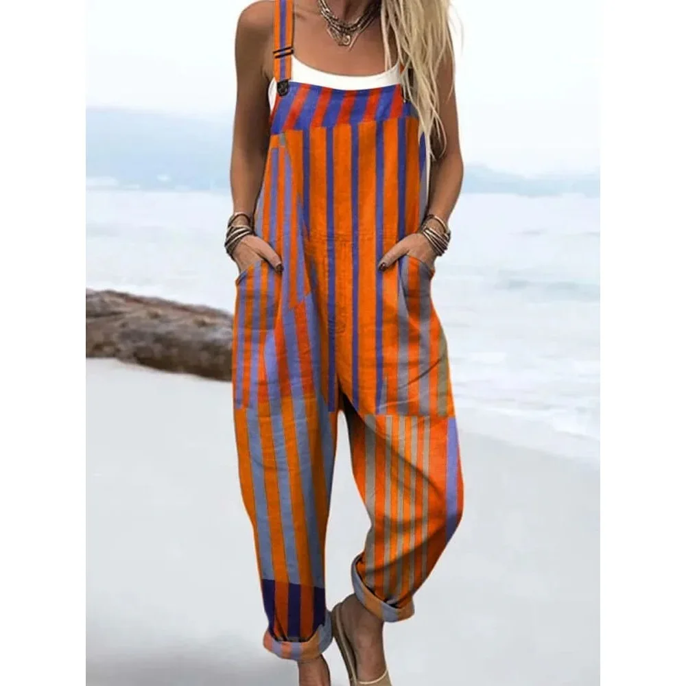 จั๊มสูทผู้หญิงลายทางและสีตัดกัน สายปรับได้ เหมาะสำหรับชายหาดและวันหยุดฤดูร้อน กางเกงขายาวลายทางน้ำหนักเบา สวมใส่สบายๆ
