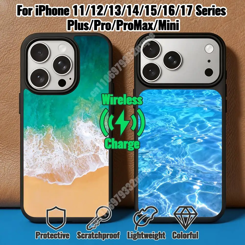 Blue Sea Sand Wave Magnetic Charge Case for iPhone 17 16 Pro Plus 15 14 Max Mini 13 12 11 Secure Protector