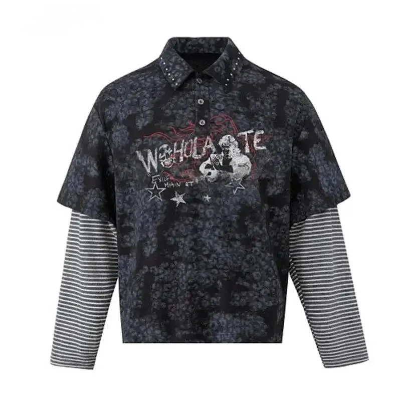 Lapel Polo Tie Dye Print Fake Two-Piece Stripe Splicing Men T-shirt Niche American Vintage Autumn Long Sleeve Tops NVFU8