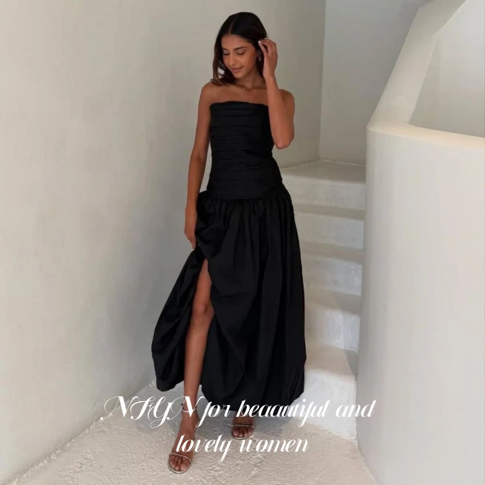 

NFYN Black Satin Party Dress Strapless Night Dress Pleats Split Sleeveless Evening Gown with Zipper Back Sweep Train Customized
