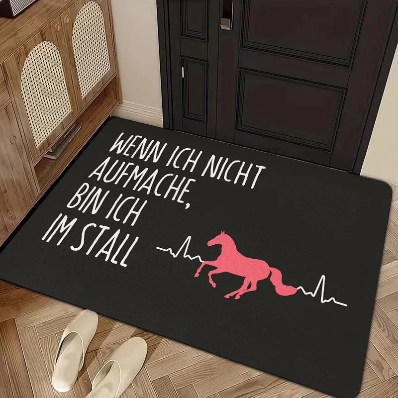 German Phrase Horse Illustration Doormat – “WENN ICH NICHT AUFMACHE, BIN ICH IM STALL” on Black Background,Decorative Entry Mat