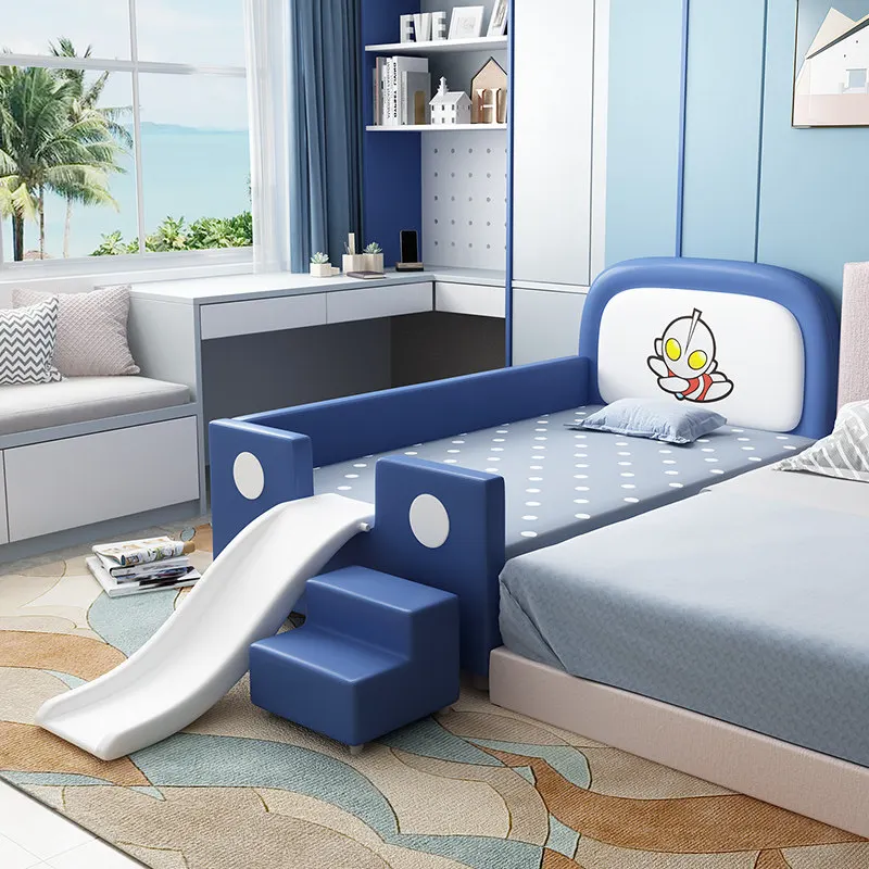 !@Modern Cartoon Pattern Children's Solid Wood Bed Splicing Large Bedside Bed with Guardrail Protecting Children