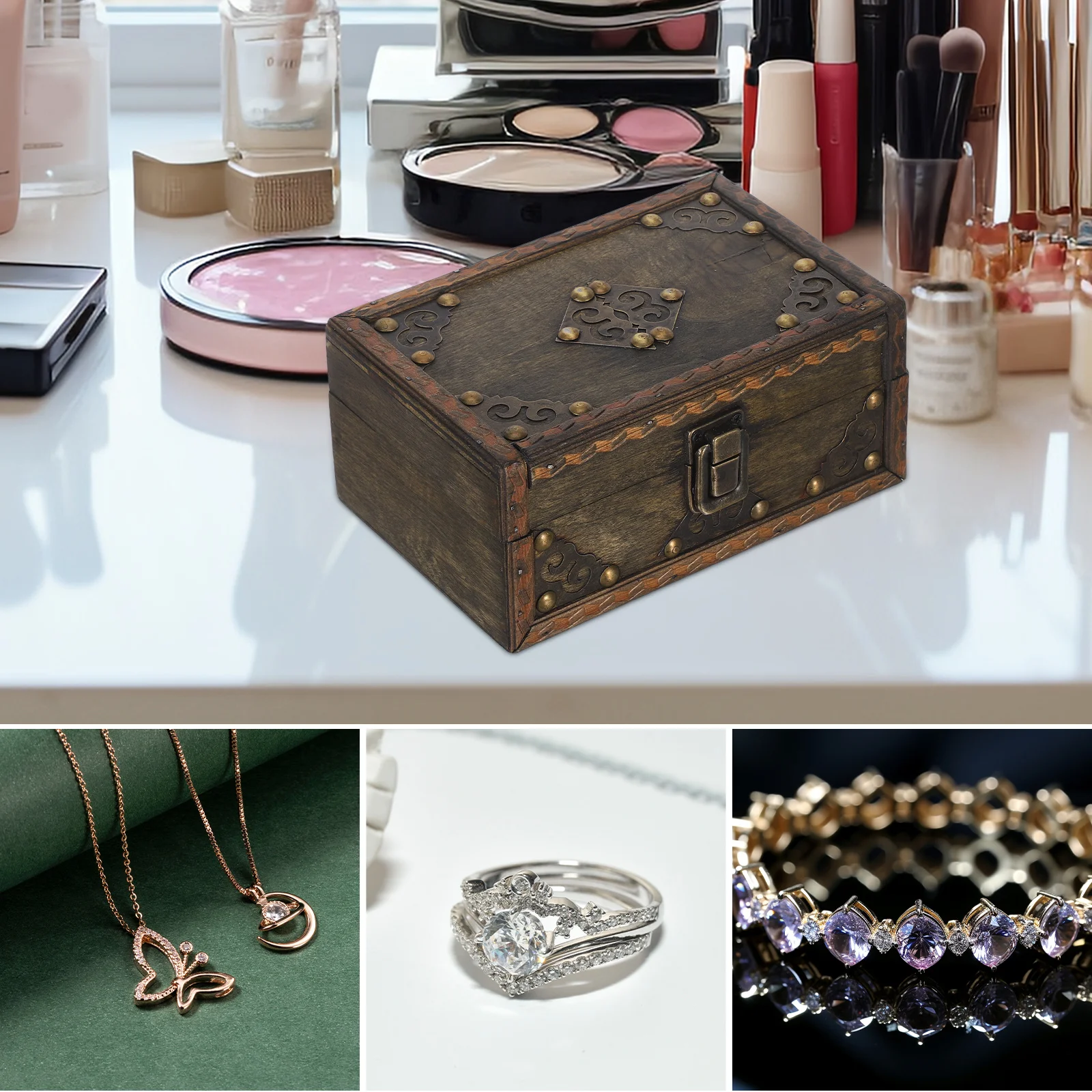 

Vintage Wooden Treasure Chest Box For Jewelry Keepsakes Storage Decorative Retro Organizer Trinket Container Pirate Party