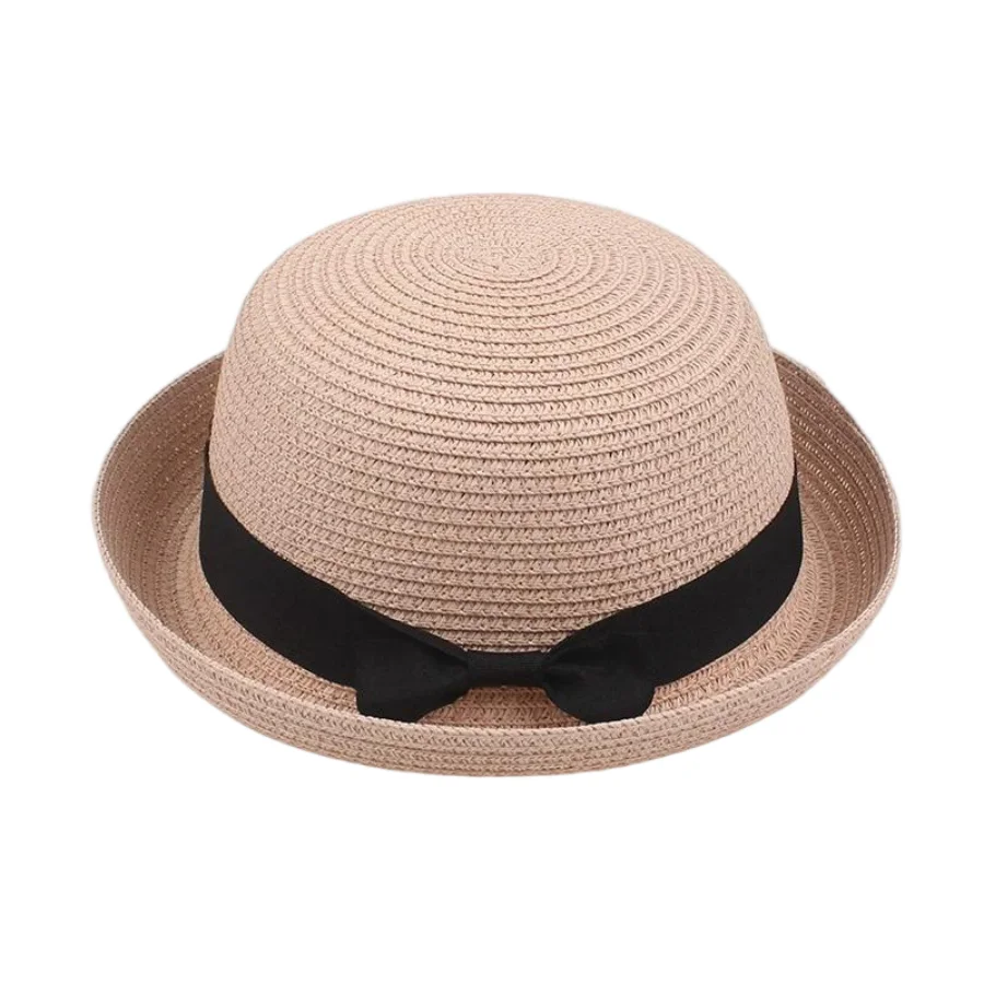 Neuer Damen-Sommer-Reisehut im koreanischen Stil mit gerolltem Rand, modischer Hut, niedlicher runder Hut, schlichter lässiger Strohhut mit Schleife – Detail 11