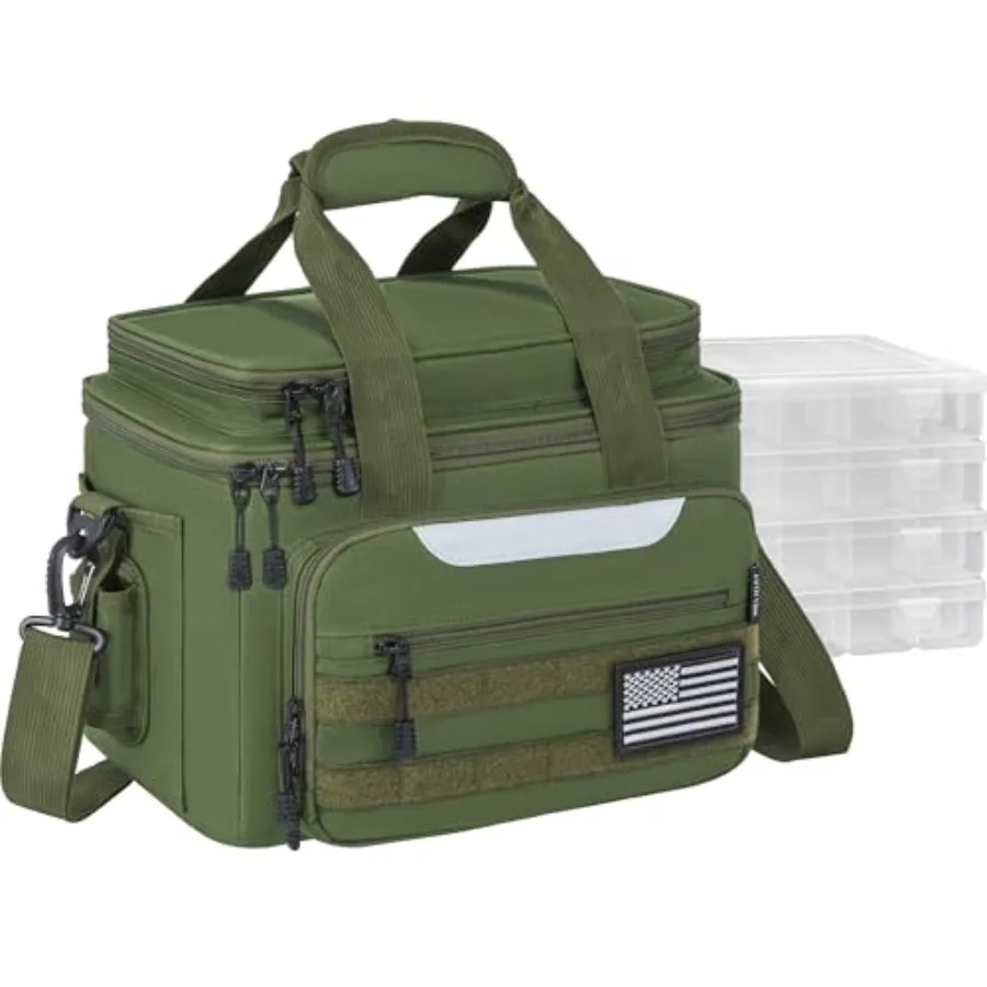 

Fishing Tackle Bags with 4 3600 Tackle Boxes - Saltwater Freshwater Compatible Water Resistant Durable Green Fishing Bags with