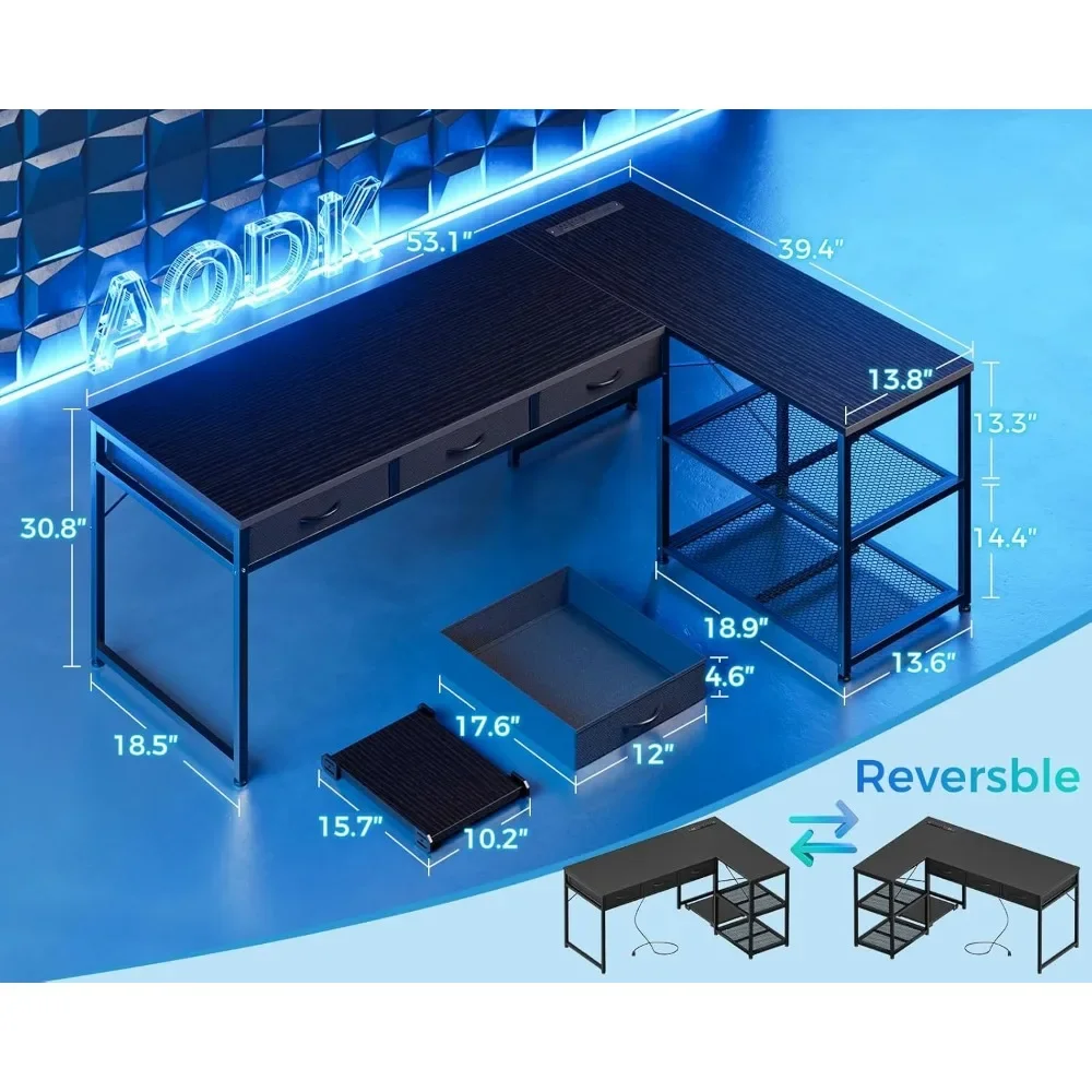 53 in L Shaped Computer Desk with Drawers, Movable CPU Stand, Corner Desk with Power Outlets & Reversible Storage Shelves