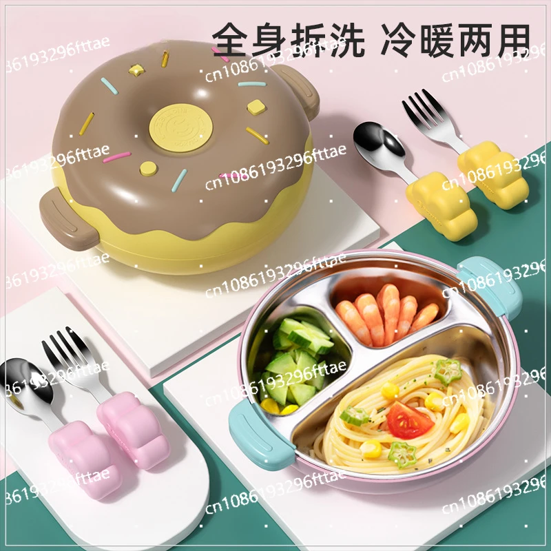 Children's Stainless Steel Dinner Plate Baby Suction Cup Water Filling Insulation Bowl Grid Plate Complementary Food Tableware