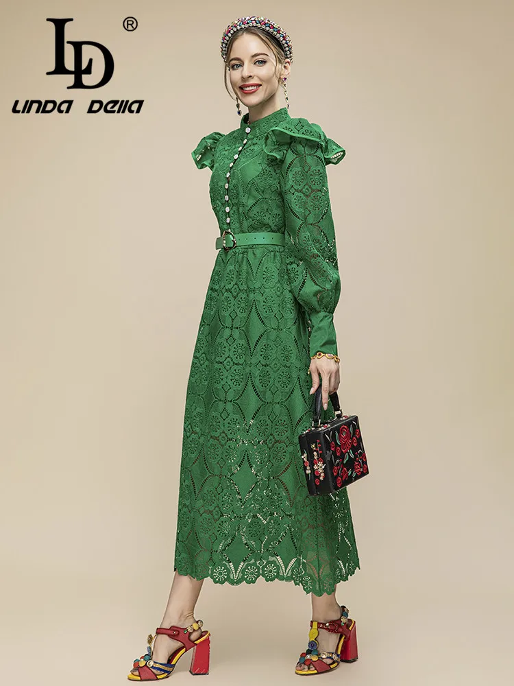 LD LINDA DELLA 2023 New Designer Summer Green Long Dress Women Lantern sleeve Belted hollow out Embroidery Vintage Party Dress