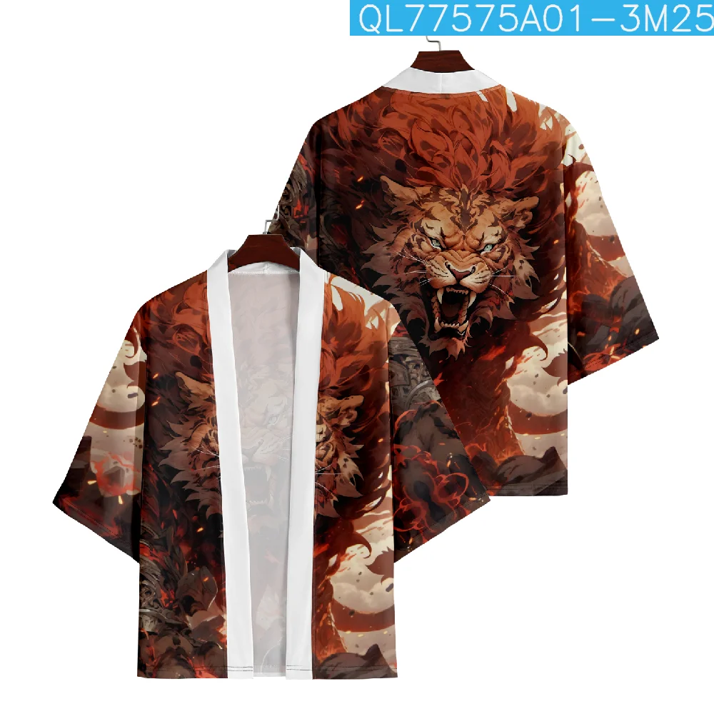 Japanese Style Anime Lion Print Traditional Kimono Men Cardigan Yukata Shirts Cosplay Haori