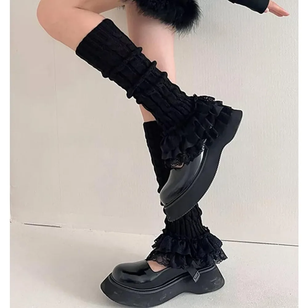 Women's Knit Leg Warmers Y2K Bow Lace Trim Knee High Leg Sleeve Socks for Lolita Costume Party Accessory