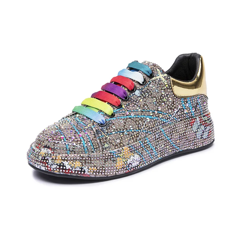 New couple fashion graffiti rhinester full of diamond tide brand thick sole casual women's shoes soft sole men's shoes A8