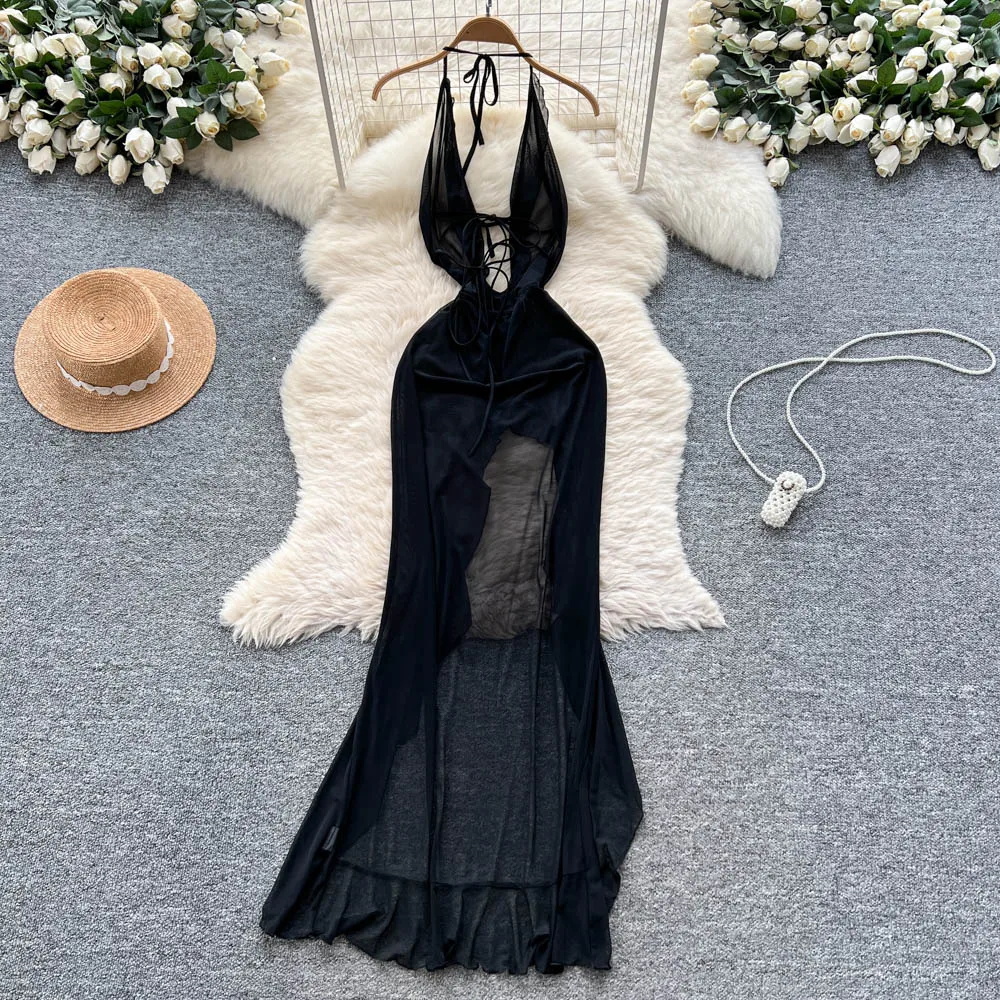 Elegancka sukienka letnia w stylu koreańskim, boho, vintage, z wycięciami, bez rękawów, dopasowana, w stylu wróżki, długa sukienka damska.