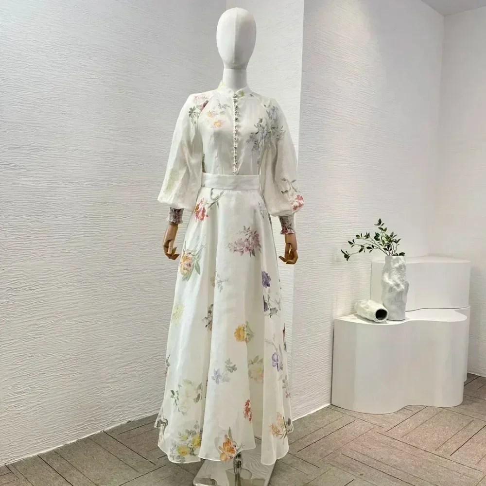 Linen Silk White Floral Print Long Lantern Sleeve Stand Collar Blouse Tops and Midi Skirt 2024 New Sets for Women