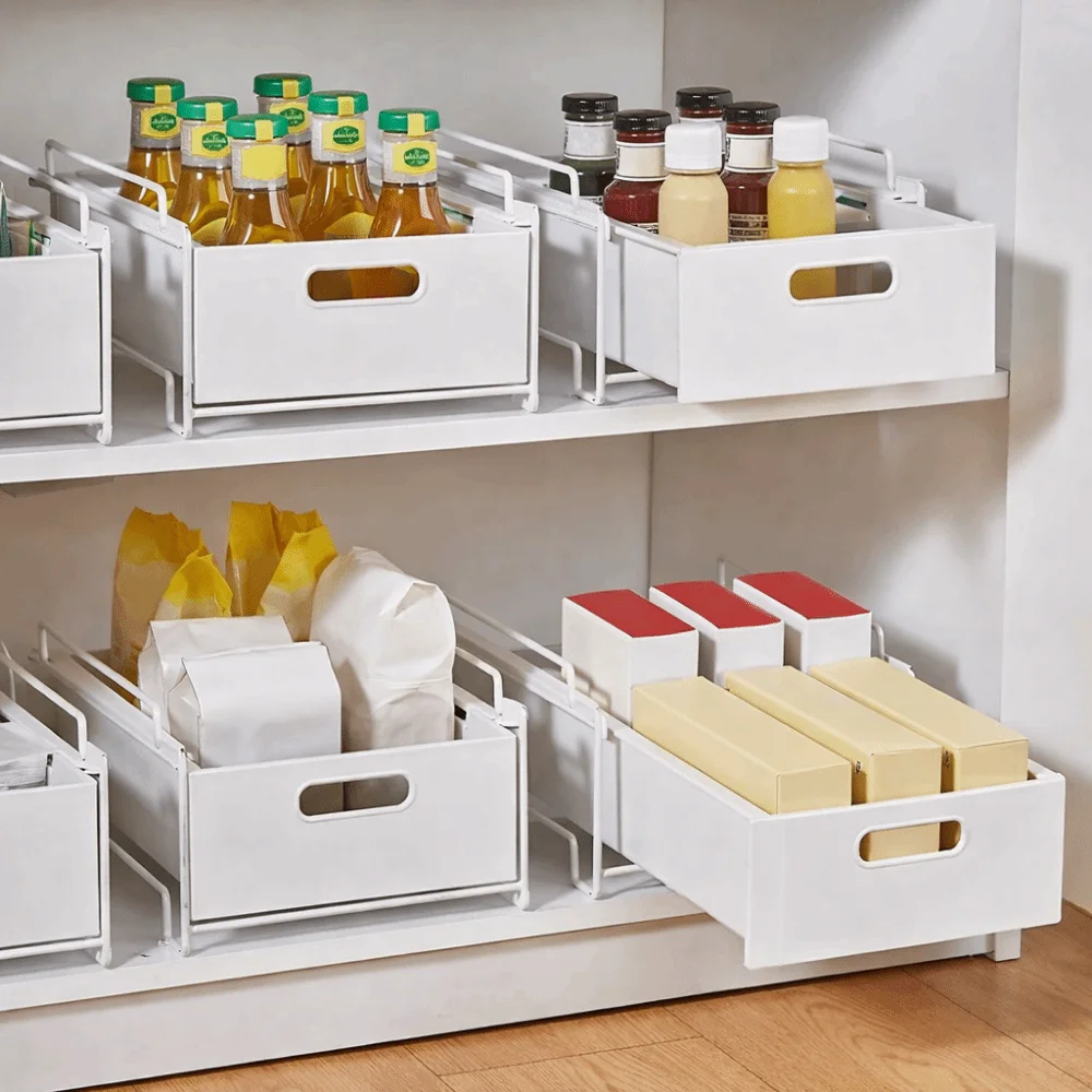 

Выдвижная корзина-органайзер из углеродистой стали для хранения под раковиной, большой емкости, с ручкой, противоскользящая, для шкафов, для закусок