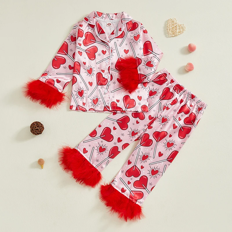 OPPERIAYA Baby Girl Clothes Valentine's Day Red Pajamas Set Heart Print Long Sleeve Shirts Tops+Pants 2pcs Lounge Suit Sleepwear