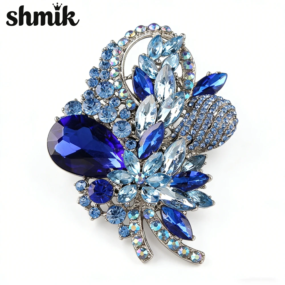 Luxury Blue Crystal Floral Brooch Multitone Rhinestone Flower Lapel Pin Women Wedding Party Suit Jewelry Gift