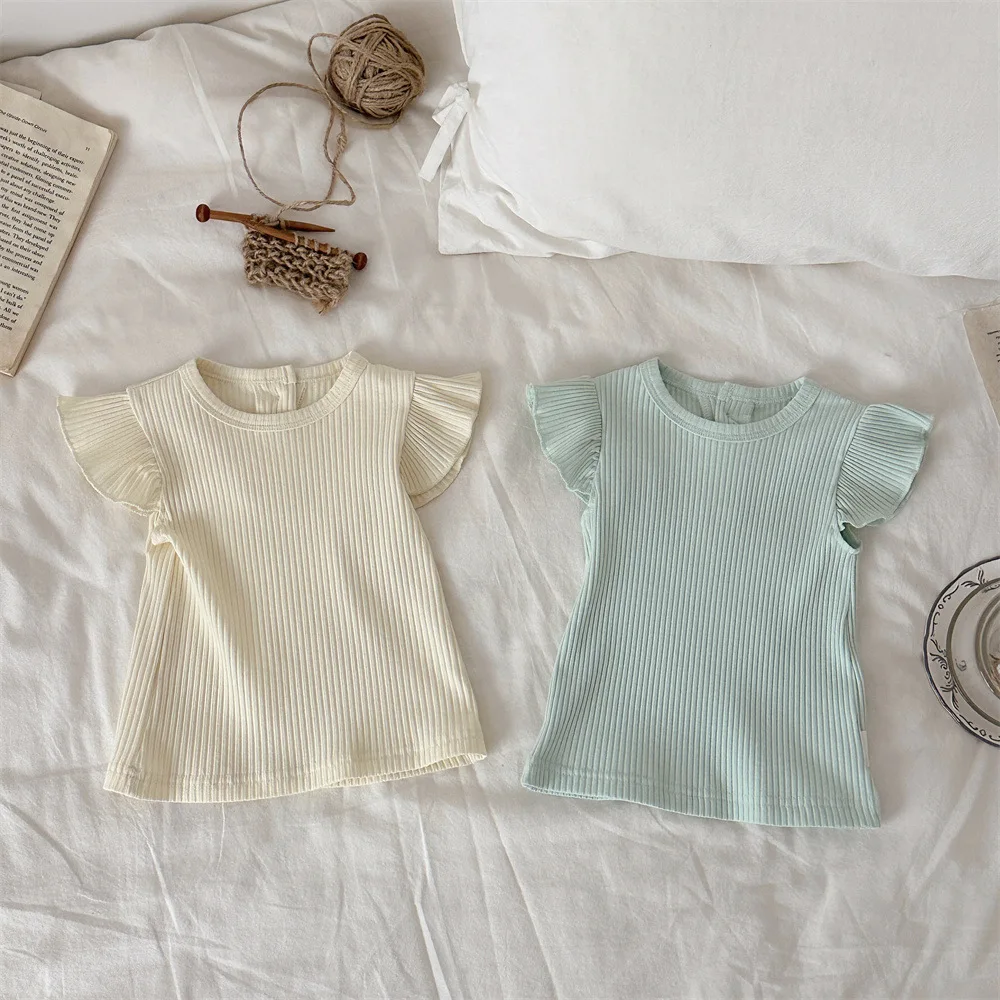 2026 Summer New Baby Girl Solid Short Sleeve T Shirts Infant Girl Cute Fly Sleeve Tops Toddler Cotton Tee Kids Girls Clothes