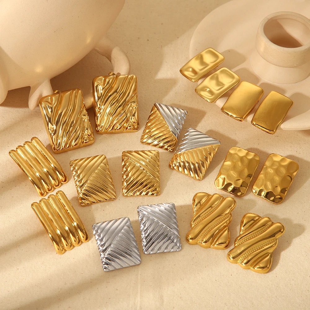 Vintage Waterproof Gold Silver Color Square Textured Stainless Steel Stud Earrings Metal Fashion Trendy Jewelry Bijoux for Women