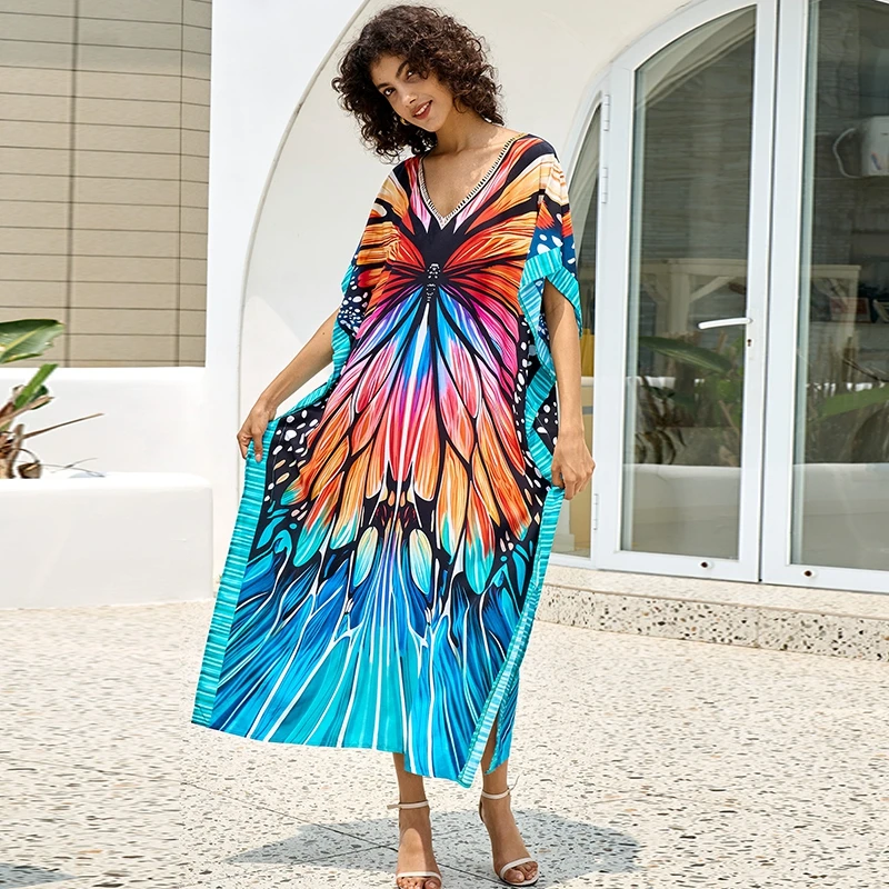 Mandala Kaftan Boho Chic ผู้หญิง Maxi ชุด Batwing Sleeve ขนาดใหญ่รีสอร์ทประเทศไทย Beach Cover Ups Seaside Tropical Caftan