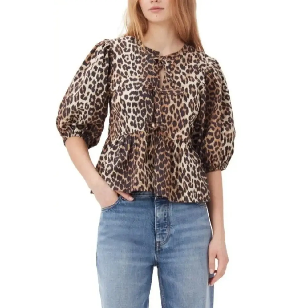 Camisa ahuecada con estampado de leopardo, Top corto con cuello redondo, mangas abullonadas, moda informal