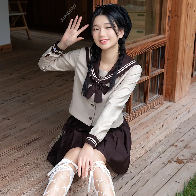 New Orthodox JK Uniform Milk Tea Three Books Naval Academy Feng Shui Handmade Clothing Spring and Autumn Pleated Skirt Set