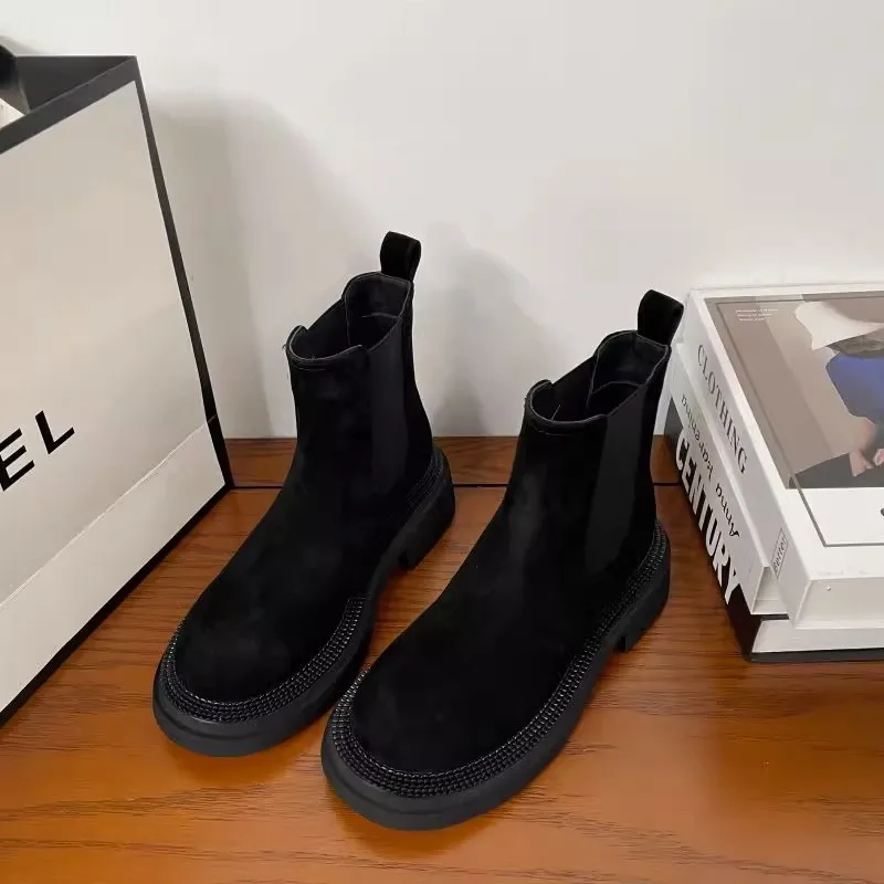 Women's Shoes 2023 New Mid-Calf Women's Boots Winter Slip-on Casual Boots Women High Quality Round Toe Square Heel Shoes Women