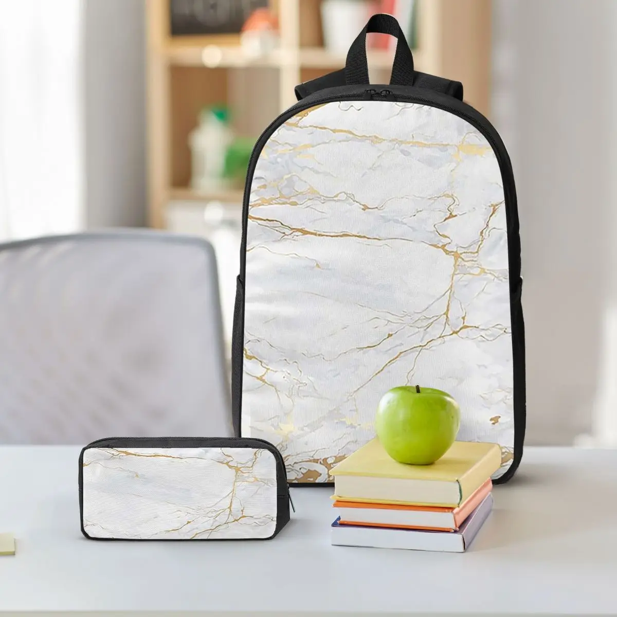 White And Gold Marbl Backpack Student BookBag School Bag Shoulder Bags 3ps Insulated Lunch Bag Pencil Case