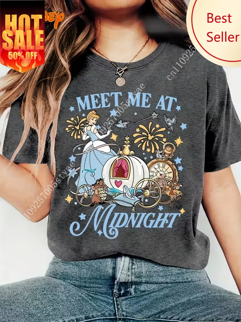 

Disney Cinderella and Pumpkin Carriage Series T Shirt Vintage Women Cotton Tee Short Sleeve O-Neck Casual Holiday Trend Oversize