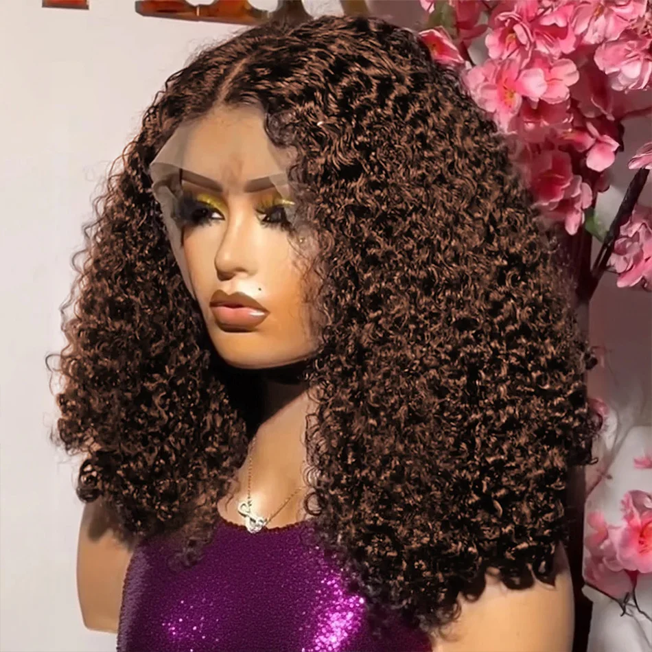 

250 Density Bob Curly 100% Human Hair #4 Chocolate Brown 13x4 HD Lace Frontal Wigs Short Deep Wave 4x4 Lace Front Human Hair Wig
