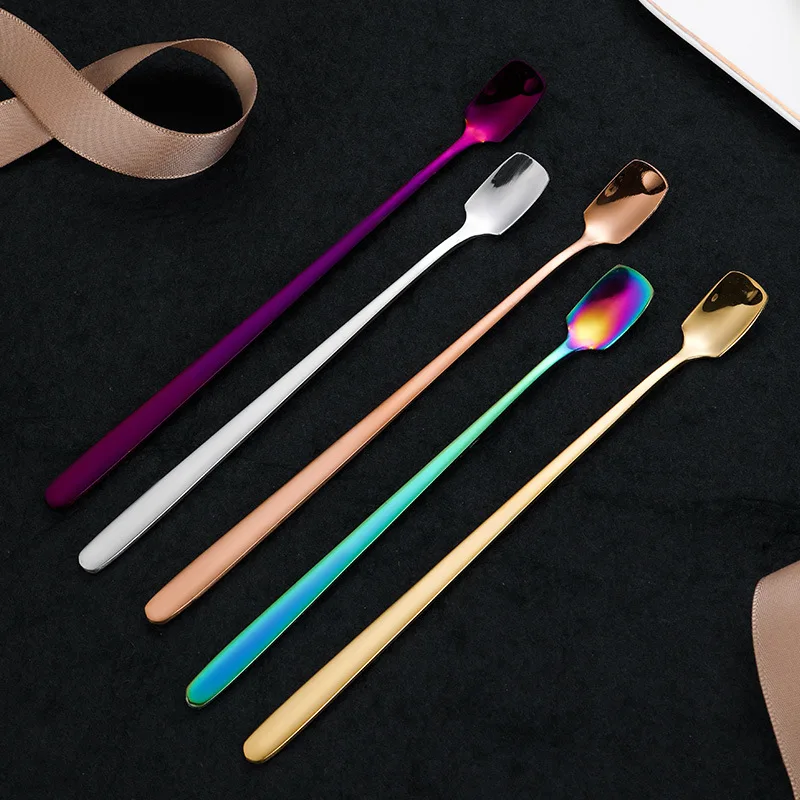 1Pcs Long or Short Handle Color Spoon For Tea Coffee Milk Drink Stainless Steel Tableware