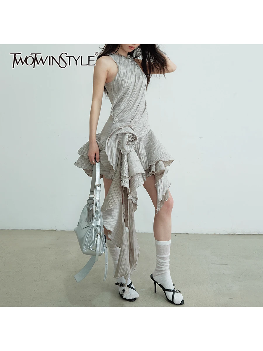 TWOTWINSTYLE Solid Slimming Dresses For Women O Neck Sleeveless High Waist Temperament Spliced Appliques Dress Female Fashion