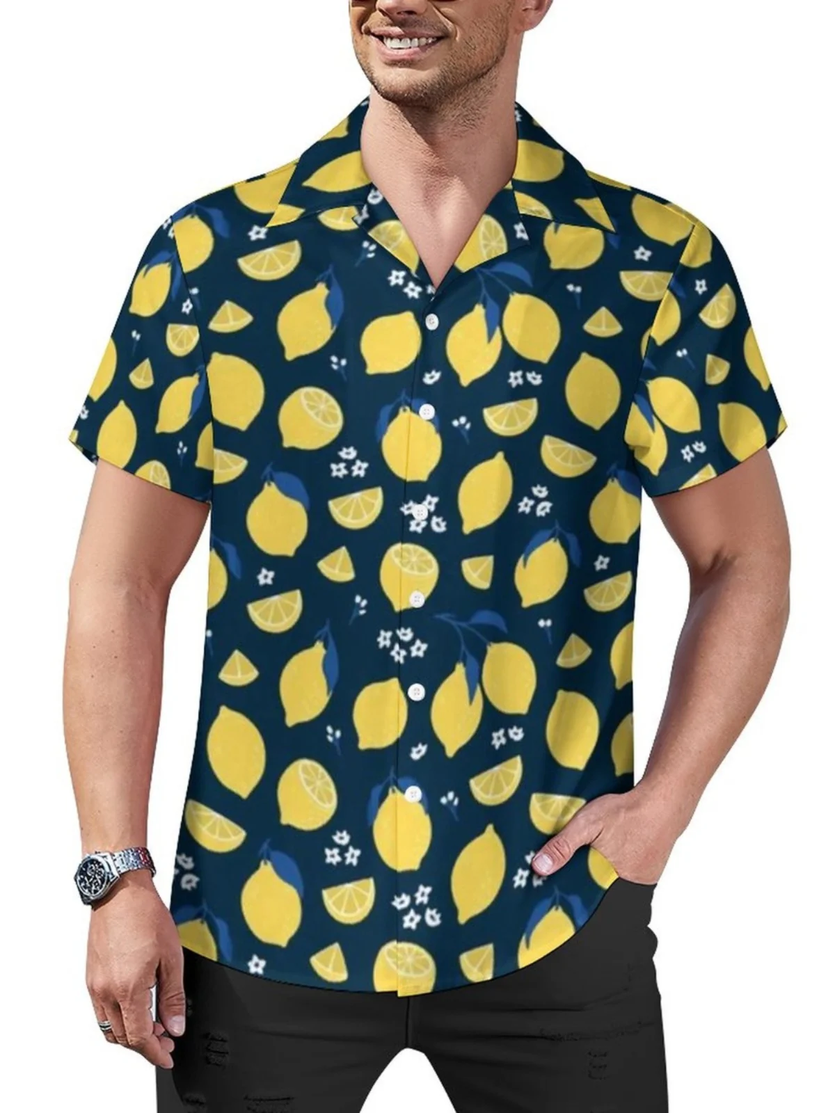 

Fruit Print Casual ort Sve irt Men's Breathable Moisture ng Stand Fit Summer Faion European Simple Sle