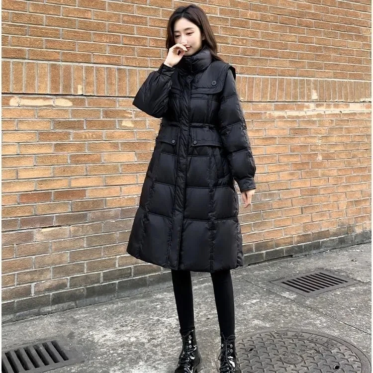 2022 Winter Neue Stehkragen Daunen Baumwolle Parker Jacke für Frauen Mittellange Koreanische Version Slim Fit Taille Schwarz Dicken Mantel