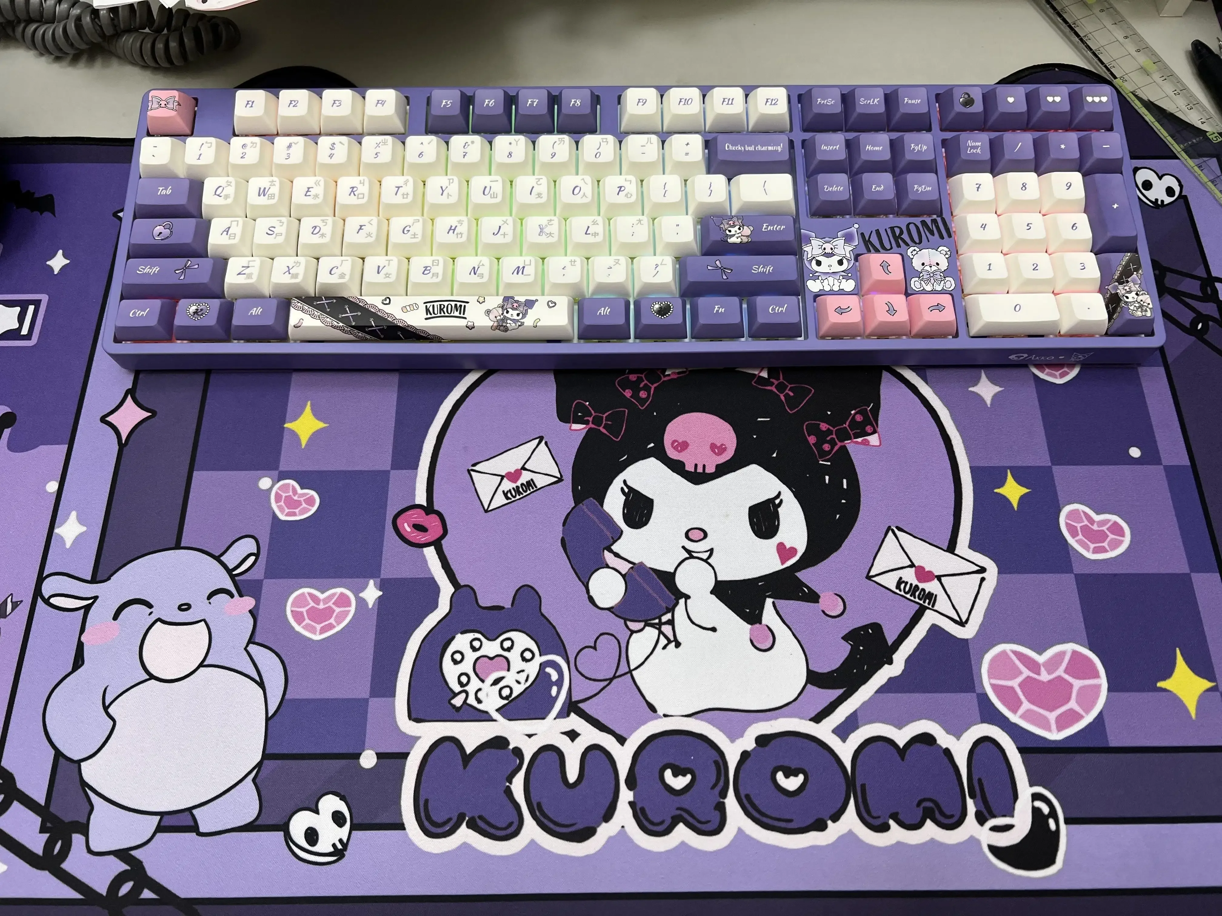 108key Sanrio Kuromi Bluetooth Wireless Keyboard Three Mode Rgb Hot Plug Anime Cartoon Backlight Mechanical Gaming Keyboard Gif