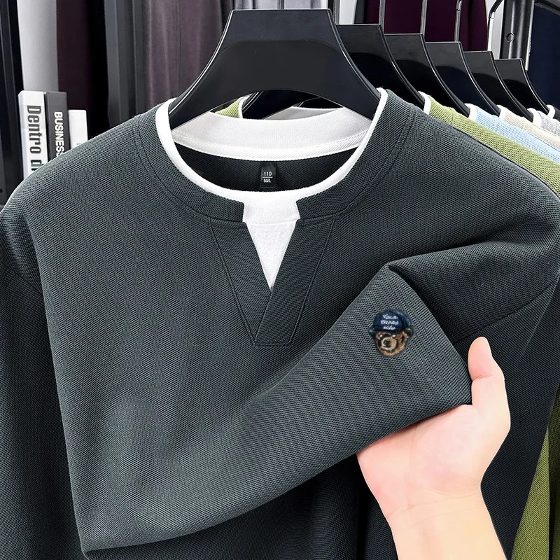 100% Baumwolle Herren Mode-Design Stickerei O-Ausschnitt T-Shirt Frühling Herbst Langarm Pullover Oberteile Business Komfort Herrenbekleidung – Detail 9